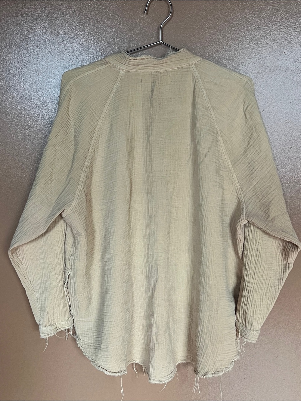 We The Free Frayed Gauze Button-Front Tunic in Light Tan - Picture 4 of 5